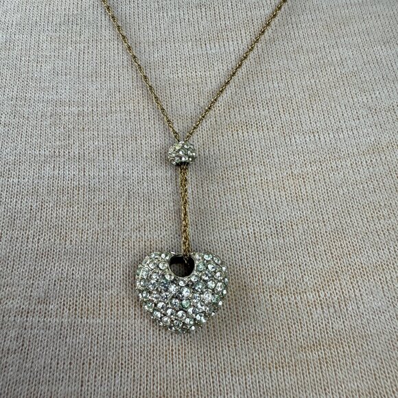 Gold Tone Pave Rhinestone Heart Pendant on Chain 21" - Picture 2 of 5